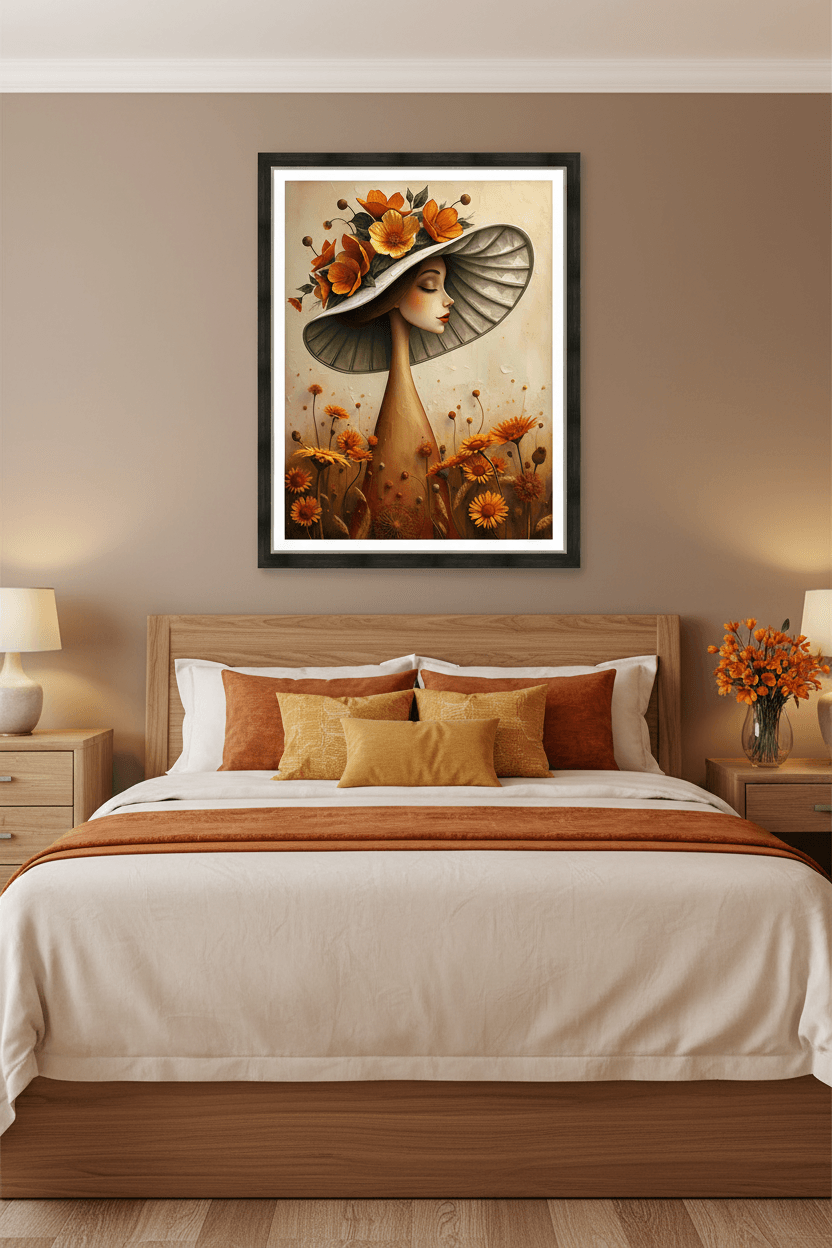 Framed floral portrait print featuring a woman in a hat with orange flowers