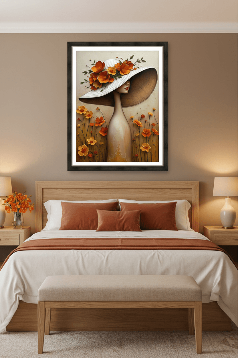 Framed floral portrait wall art: woman in white hat with orange flower clusters