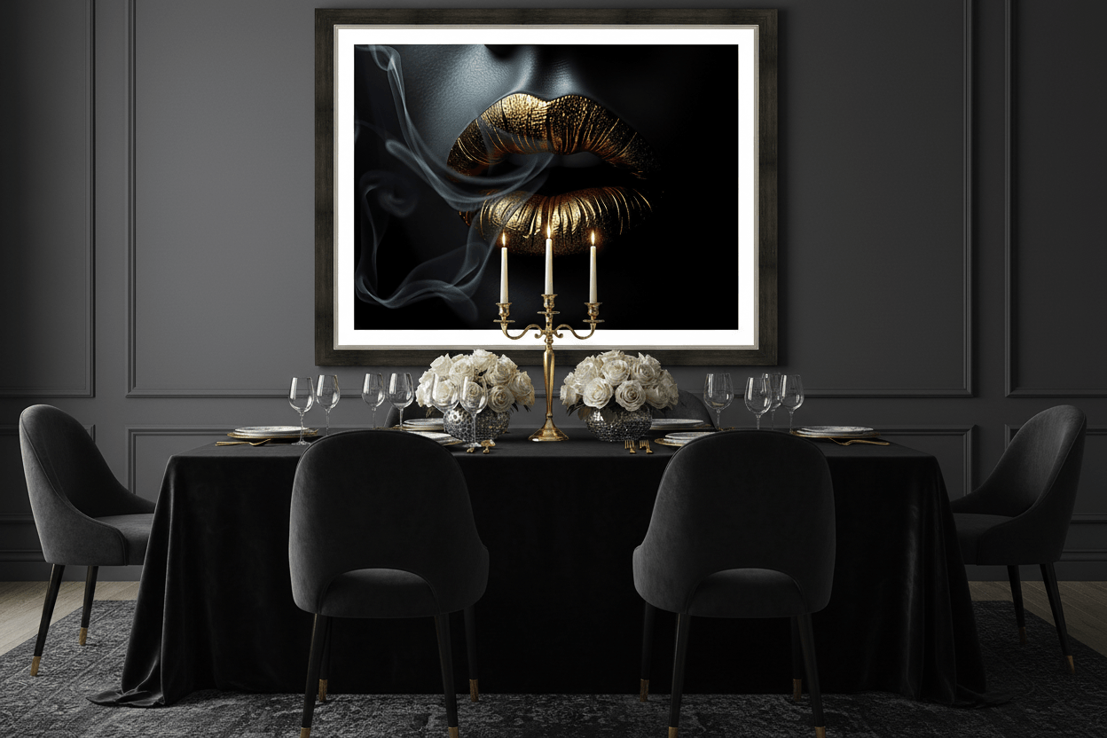 Framed lips print with gold lips and gray smoke on black background