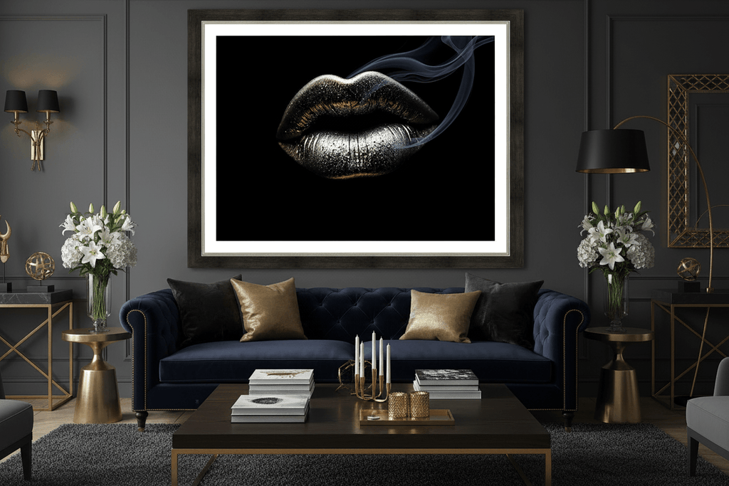 Framed metallic silver lips wall art with smoke curl on dark background