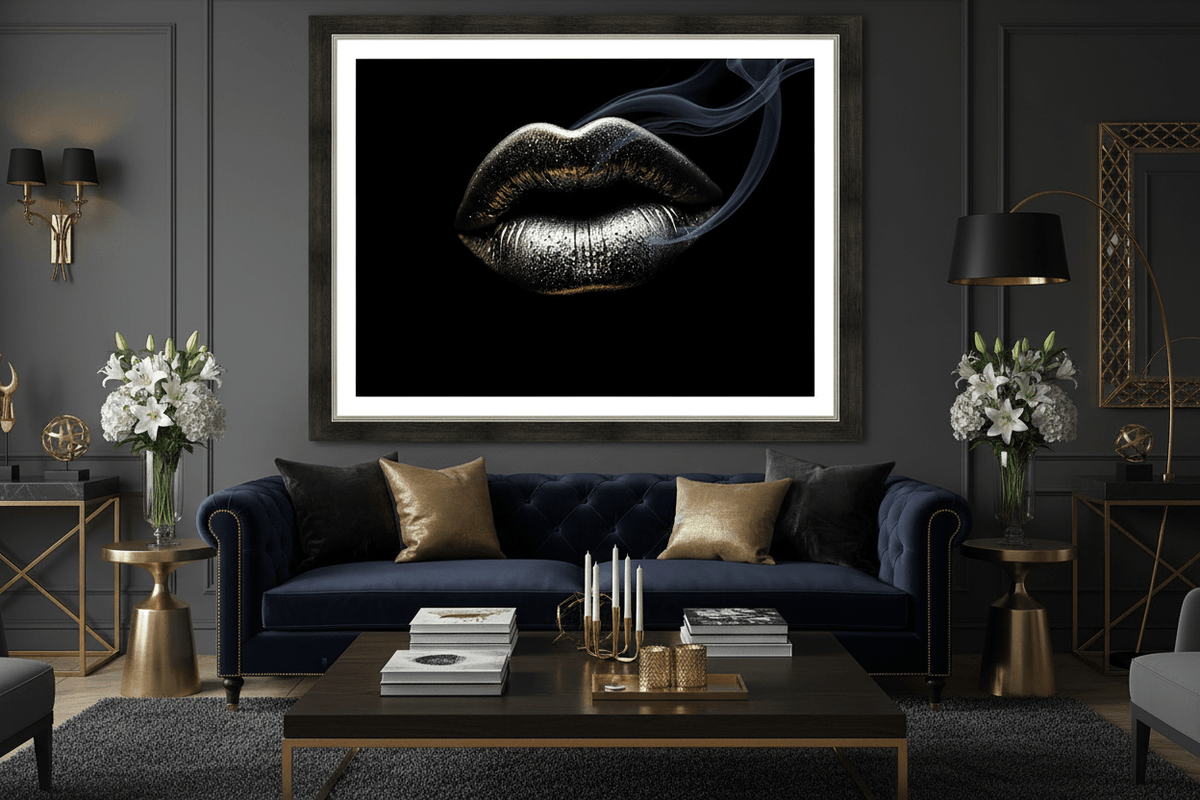 Framed metallic silver lips wall art with smoke curl on dark background