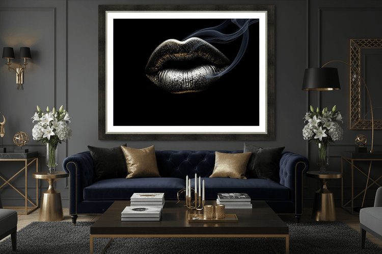 Framed metallic silver lips wall art with smoke curl on dark background