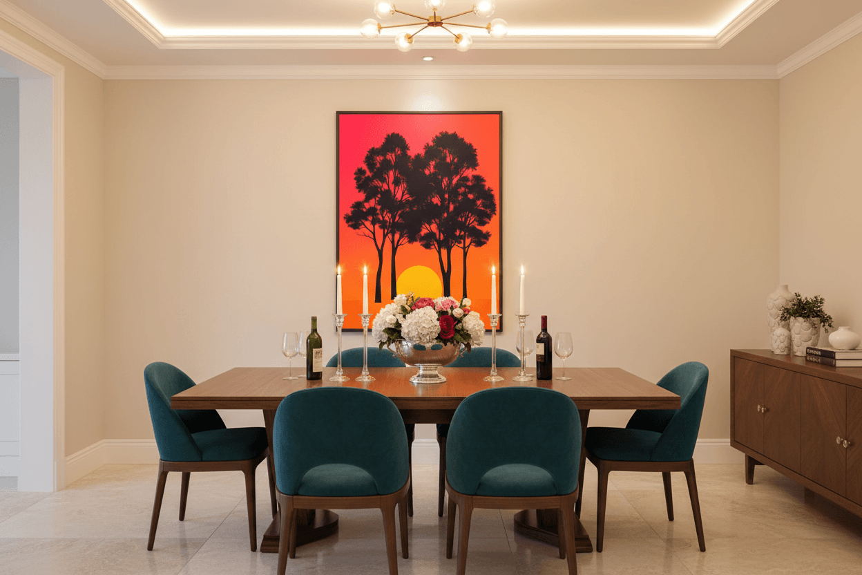 Framed tree silhouette wall art with red-orange sky and yellow sun, black frame