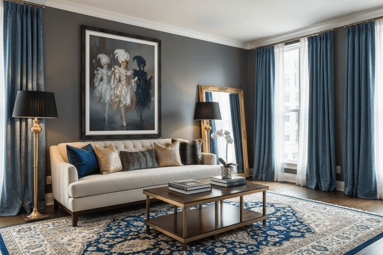 Framed masquerade trio artwork depicting three masked dancers in white, gold, and blue