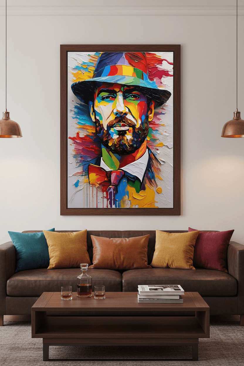 Framed colorful abstract portrait of a bearded man with hat, close view