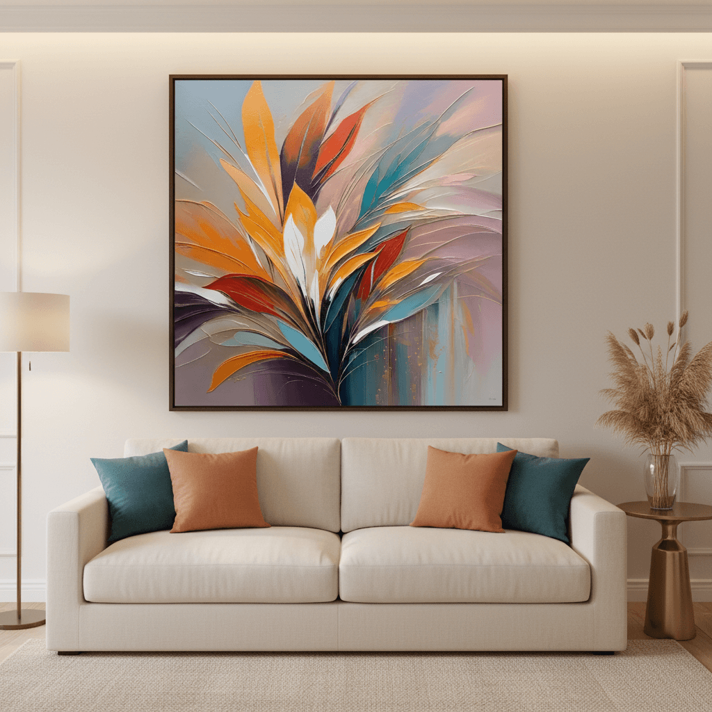 Framed abstract botanical wall art featuring orange, teal, and red feather-like leaves