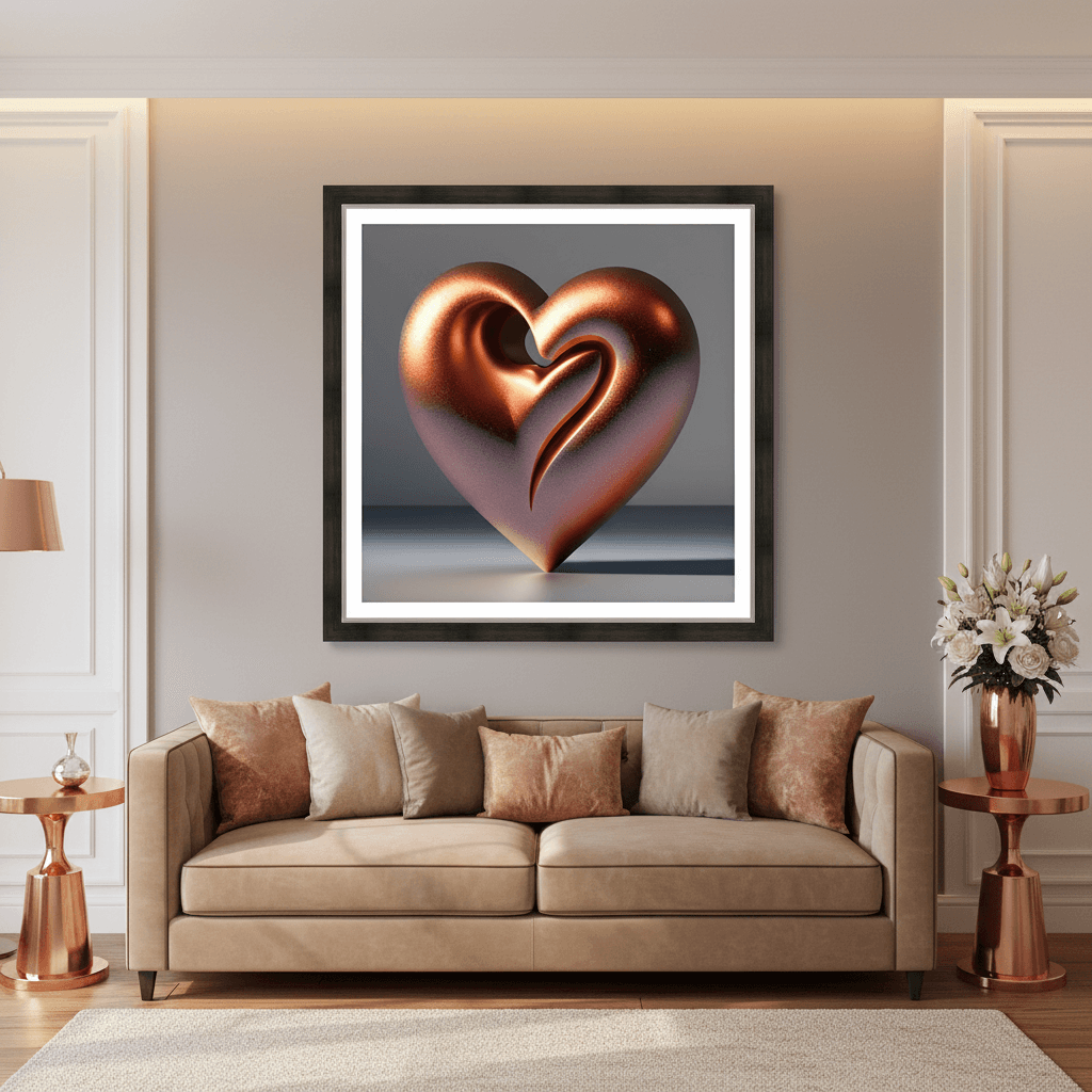 Framed copper rose gold sculptural heart wall art print on wall