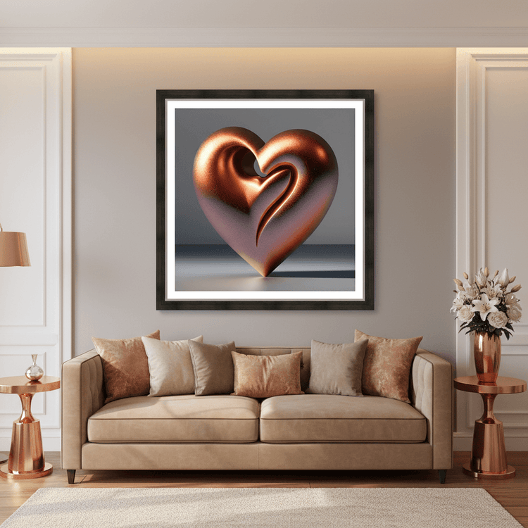 Framed copper rose gold sculptural heart wall art print on wall