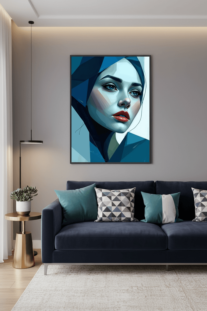 Framed geometric blue woman portrait wall art in modern abstract style, dark frame