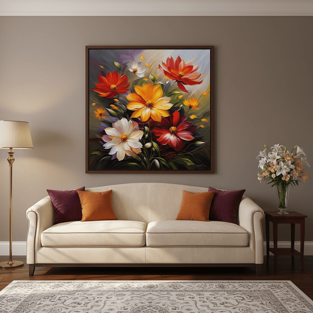 Framed floral wall art featuring red, yellow, orange, and white blossoms with green foliage.