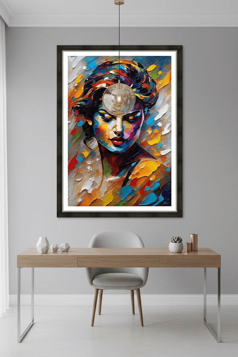 Framed abstract portrait print featuring a blue, orange, and black painted face