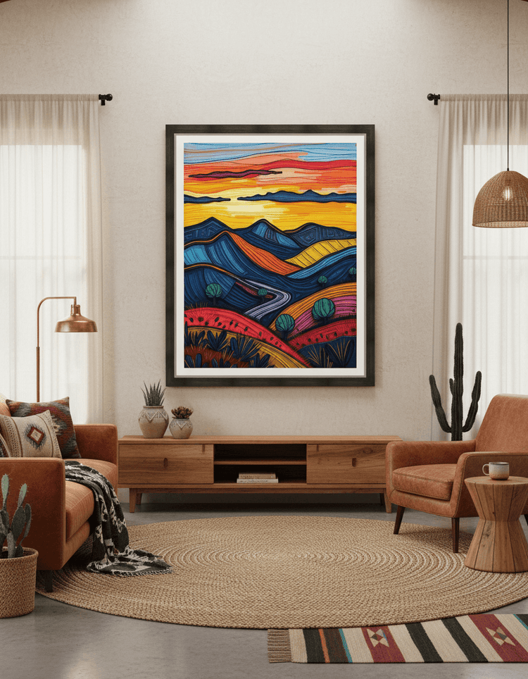 Framed abstract landscape print with colorful layered hills and sky, centered on wall