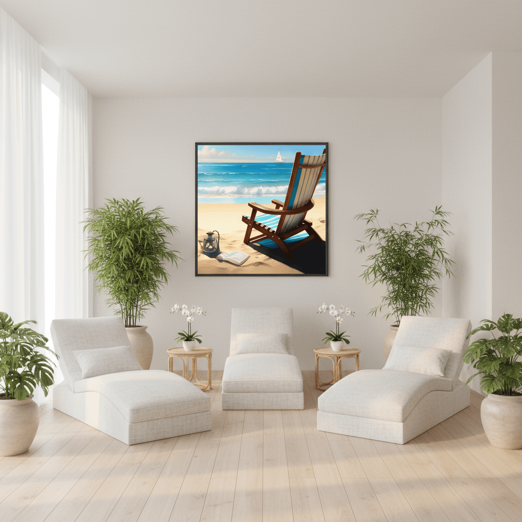 Framed beach art print hanging on wall with striped chair, ocean and clouds