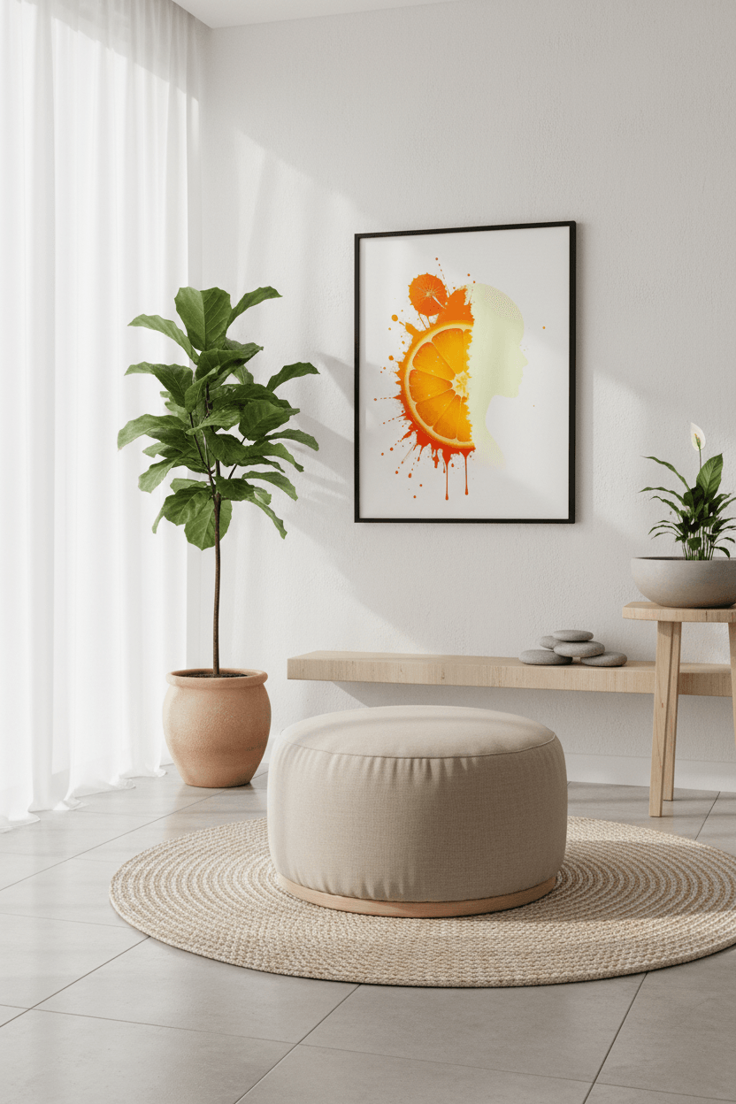 Framed print with abstract orange splash and pale silhouette side profile