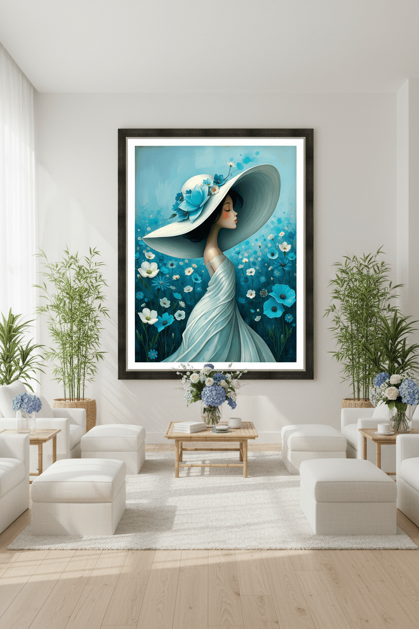 Framed floral wall art print with a blue dress woman in a wide hat surrounded by flowers
