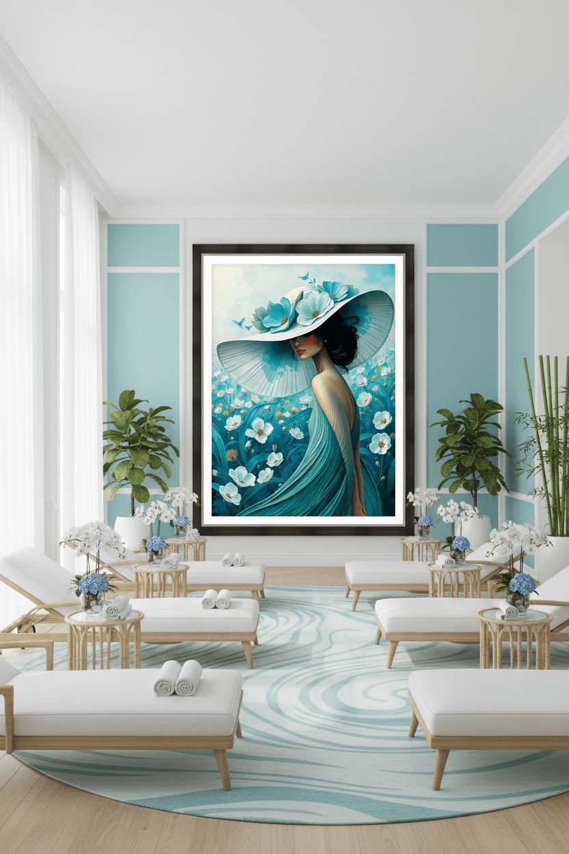 Framed floral portrait artwork featuring a woman in turquoise with a wide brim hat and white flowers.