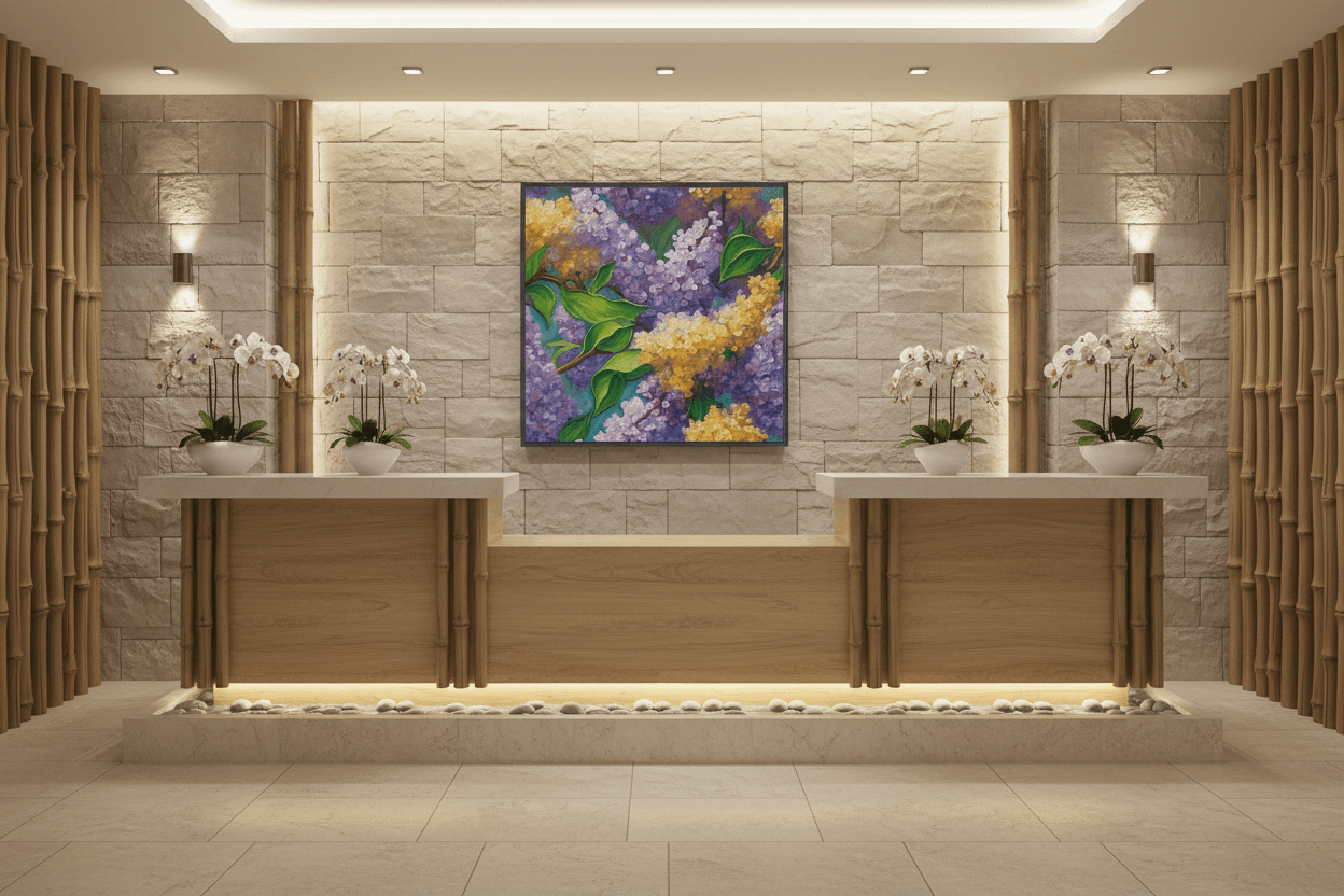 Framed floral wall art featuring purple lilacs, yellow clusters, and green leaves