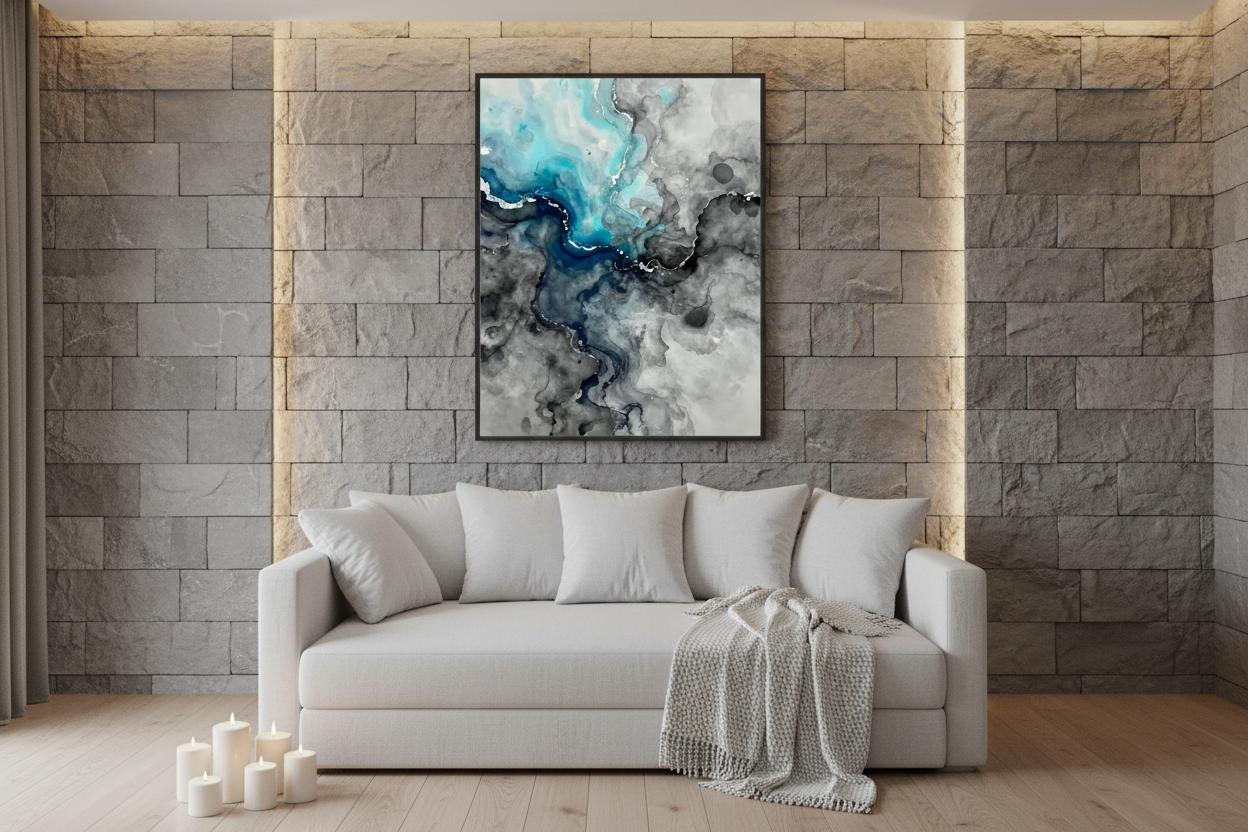 Framed abstract wall art with blue and gray marbling, black frame.
