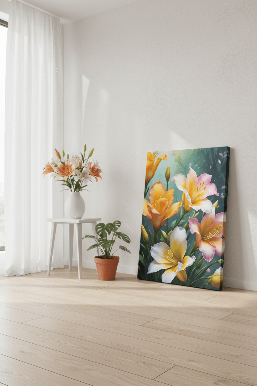 Canvas wall art of orange, pink, and white tulips and lilies with green stems
