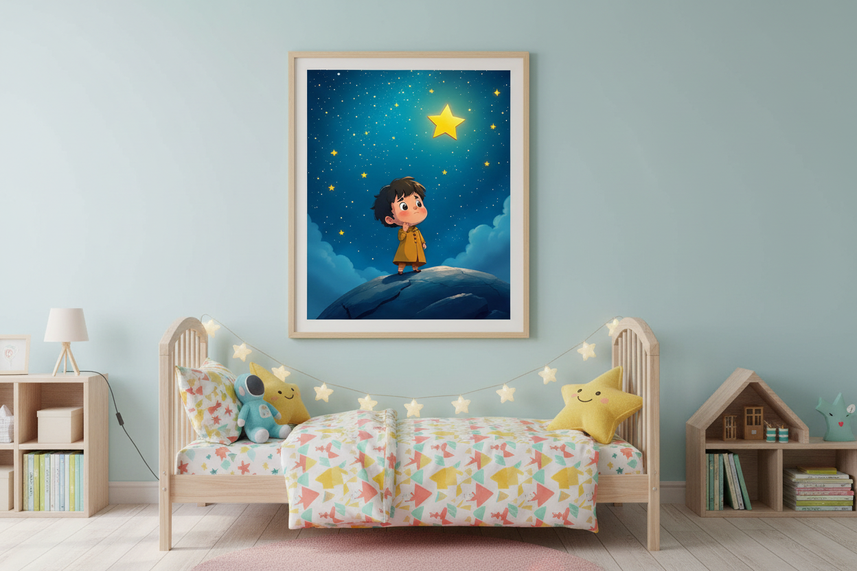Framed wall art print with blue night sky, stars, and a cartoon child on a cloud
