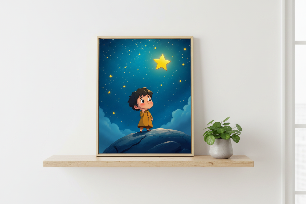Framed wall art print showing a cartoon boy on a moonlit cloud under yellow star