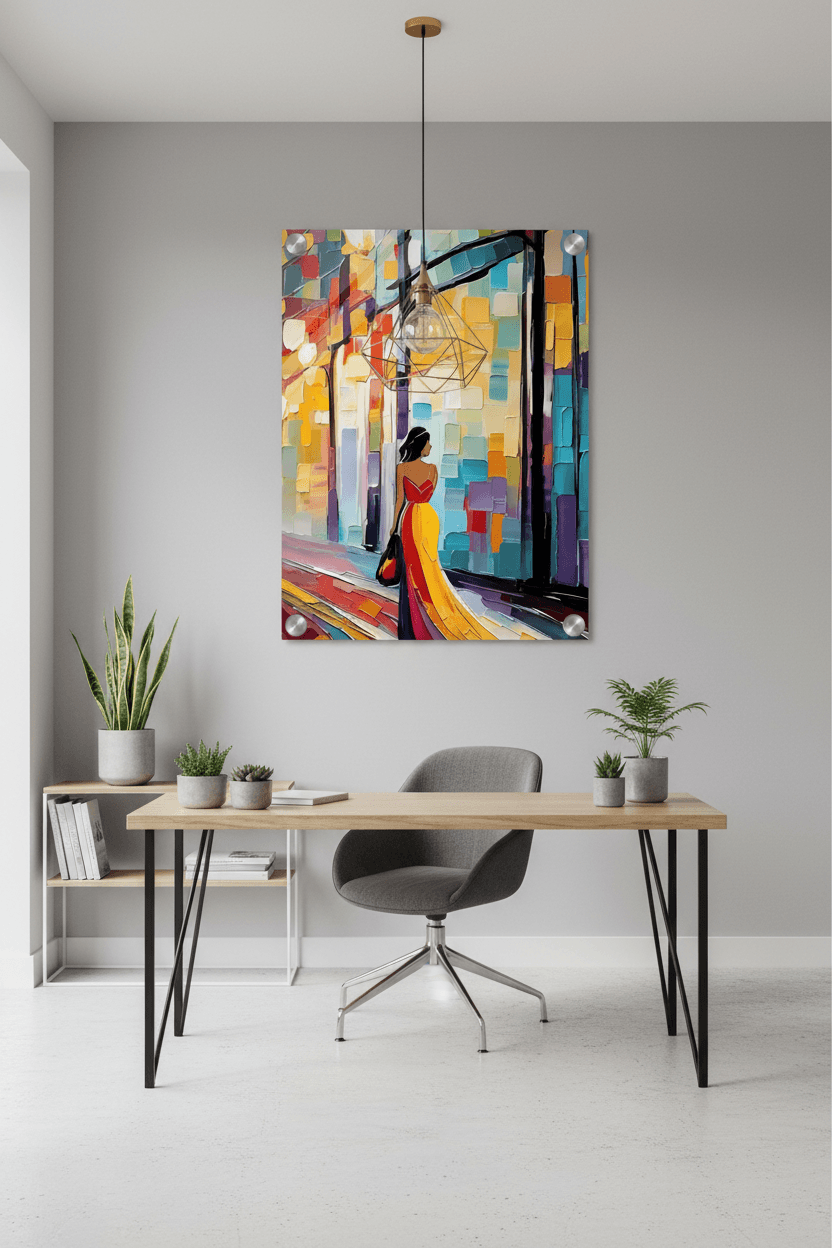 Colorful framed city figurative wall art featuring a woman in red top and yellow gown