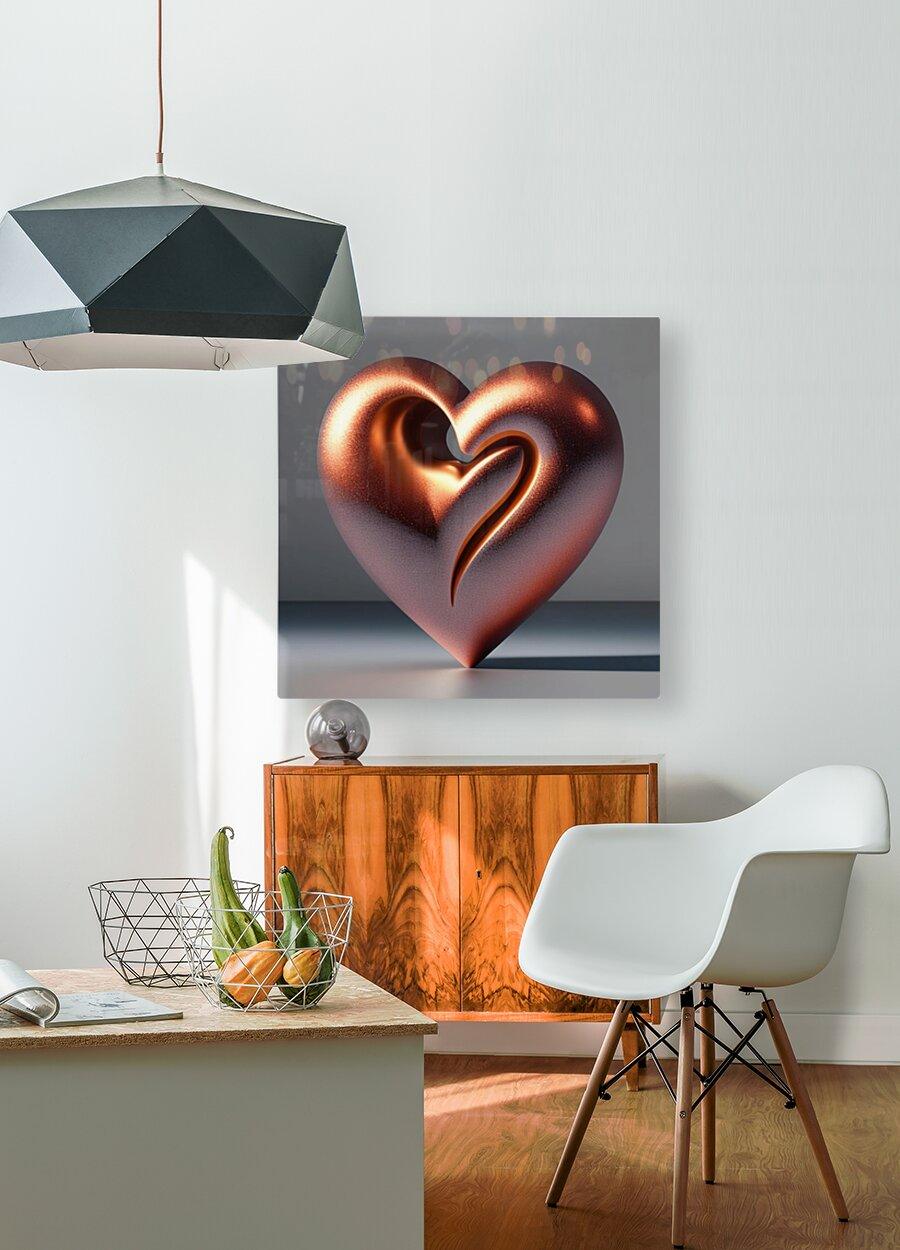 Copper rose gold sculptural heart wall art on wall-mounted canvas