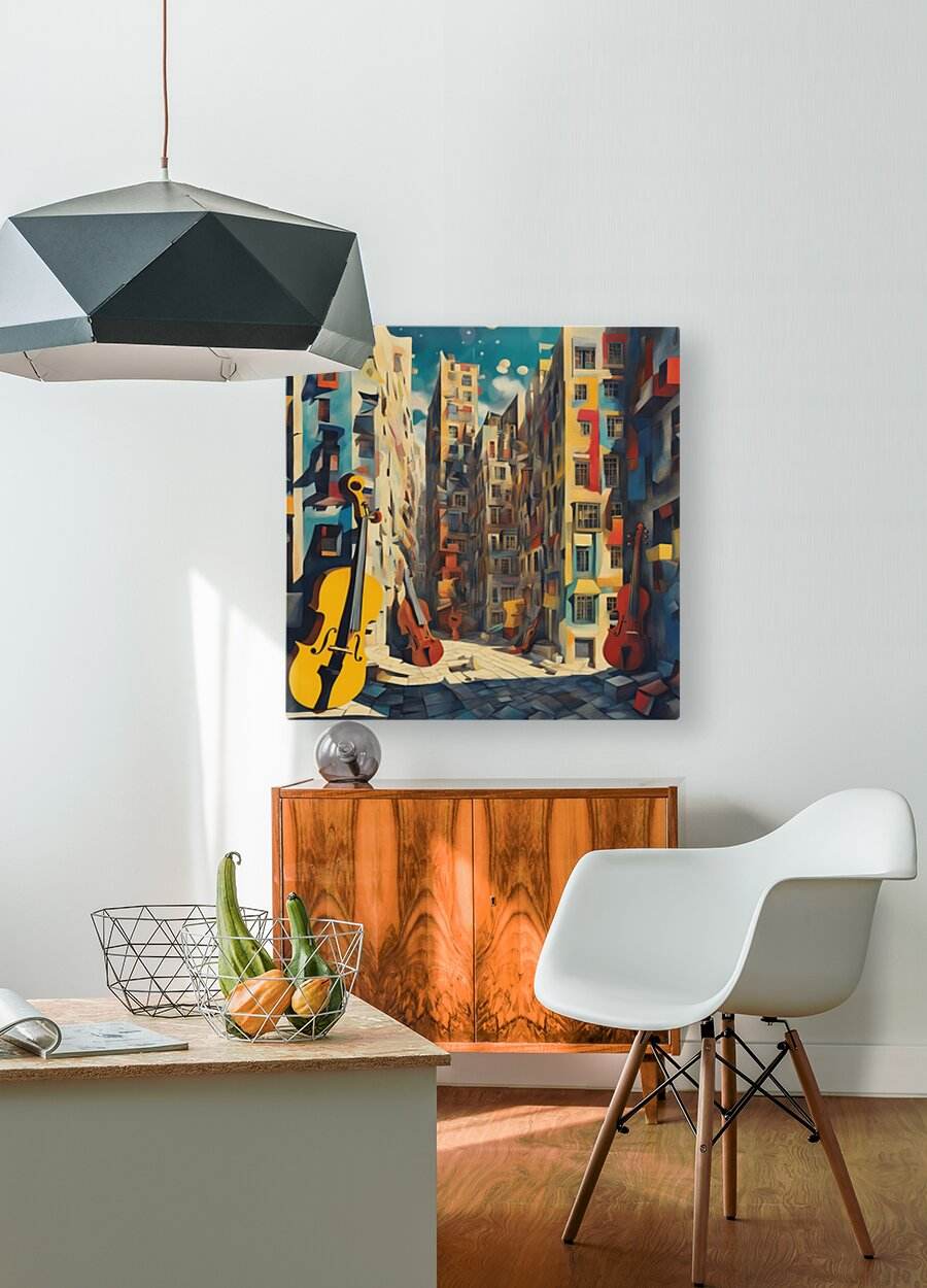 Square canvas musical cityscape wall art with yellow bass and red cellos in a city alley
