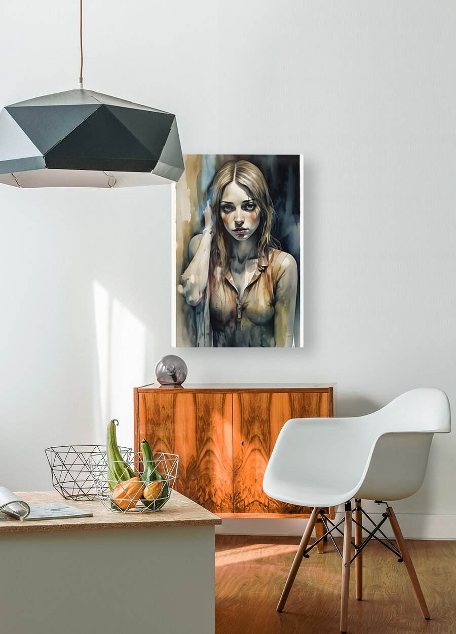 Framed watercolor portrait print of a blonde woman, small figure centered, hand by hair.