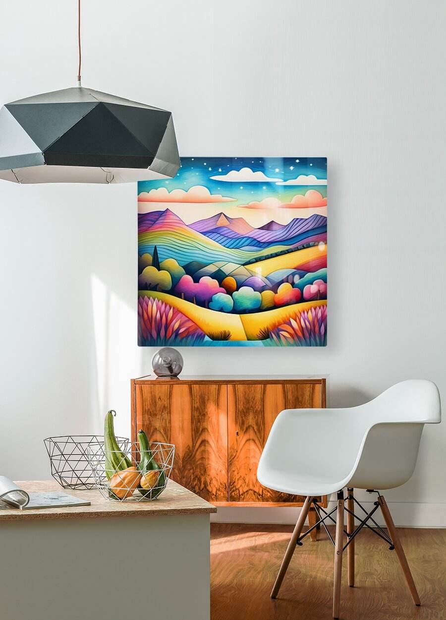 Square framed rainbow landscape with mountains, clouds, starry sky, and vivid valley path