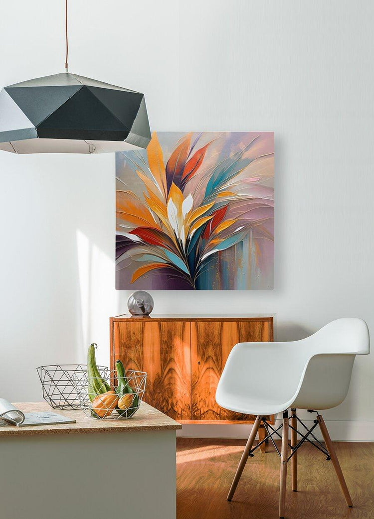 Abstract botanical wall art with orange, teal, and red feather-like leaves in a square frame