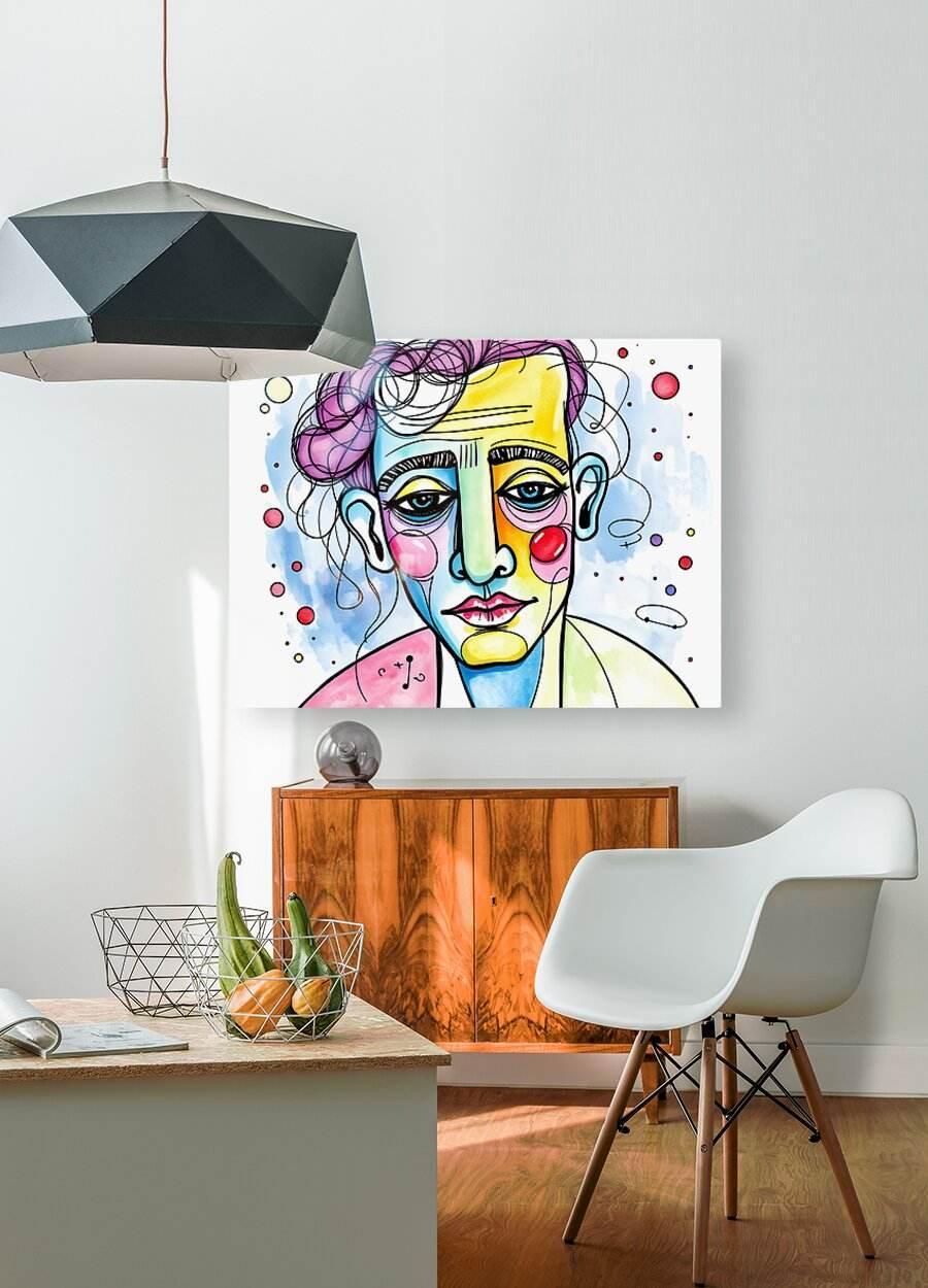 Abstract face portrait artwork with curly hair, multicolor cheeks, and large expressive eyes