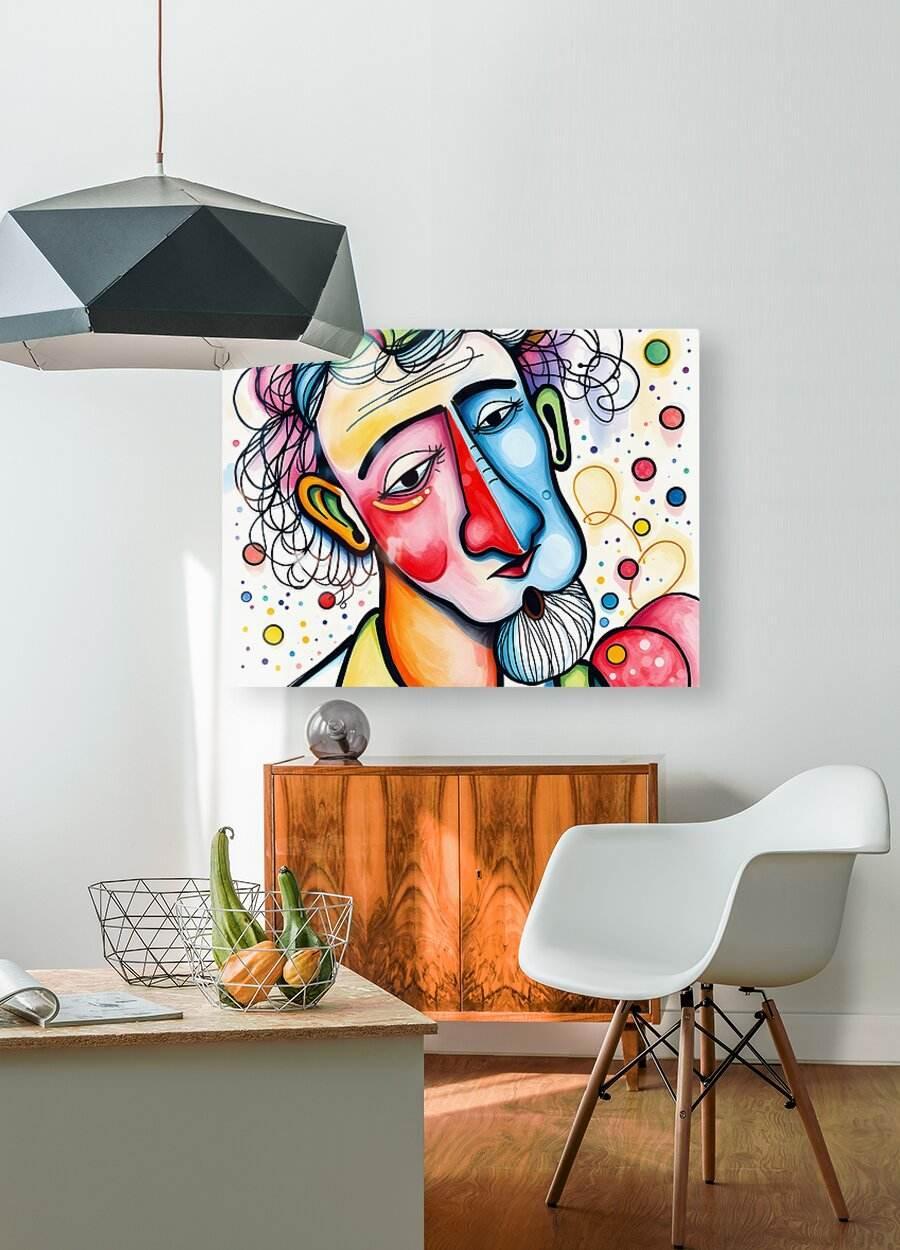 Abstract portrait artwork with two colorful faces, curly hair, and multicolor bubble dots
