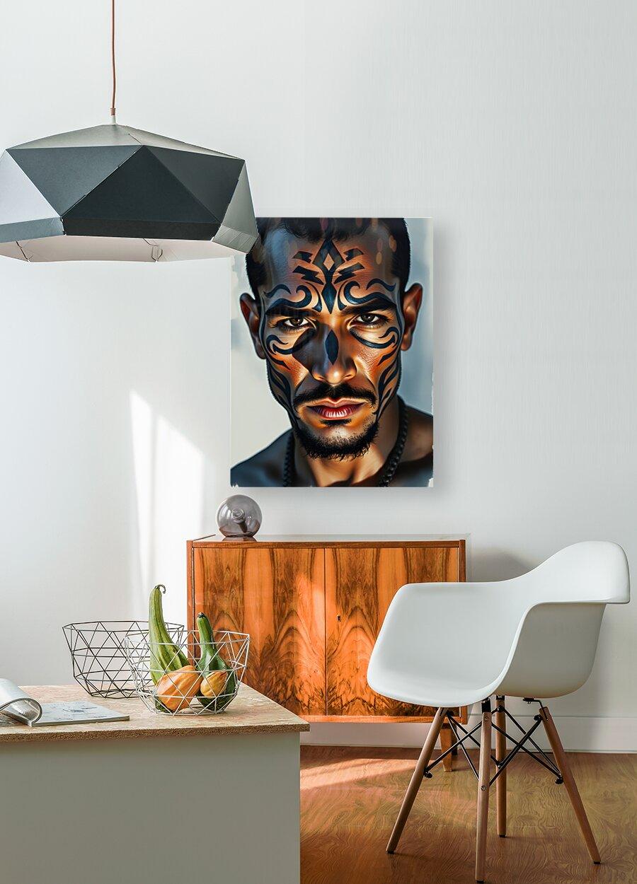 Tribal face portrait artwork of a man with blue and orange face paint, small wall print.