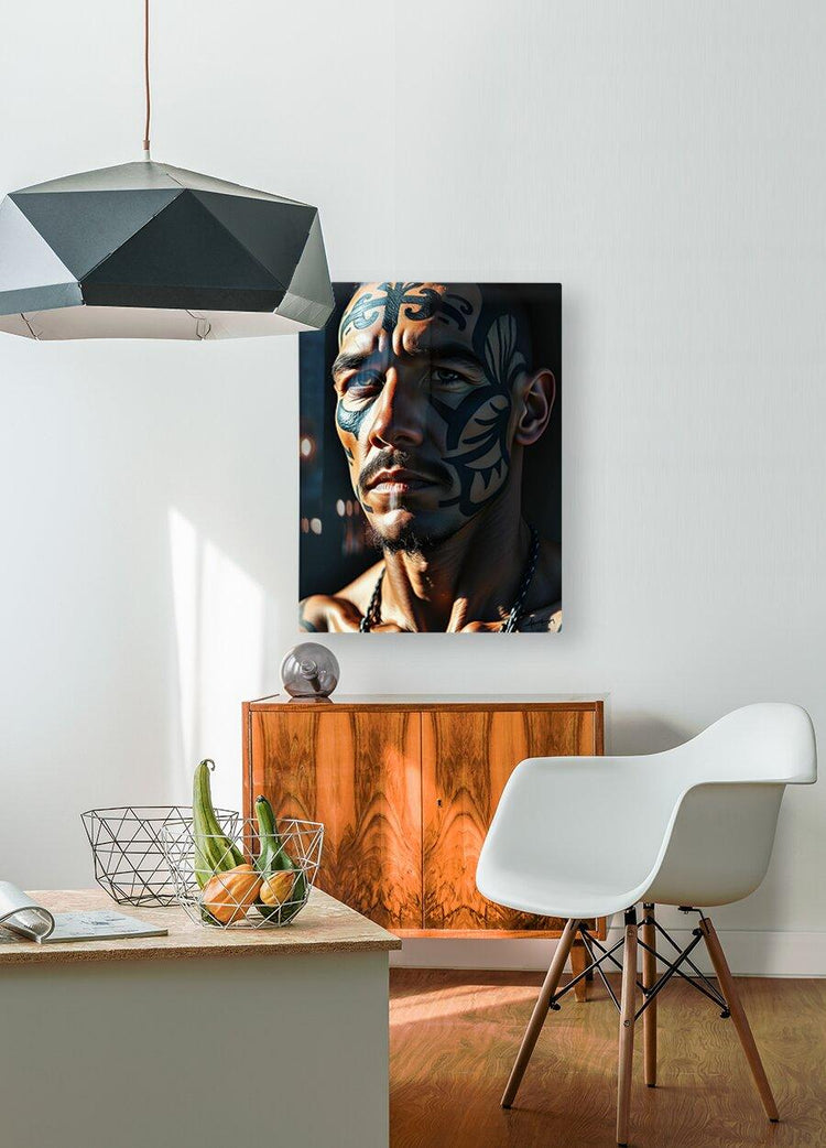 Tribal portrait wall art featuring a man’s face with blue and dark body paint, close crop