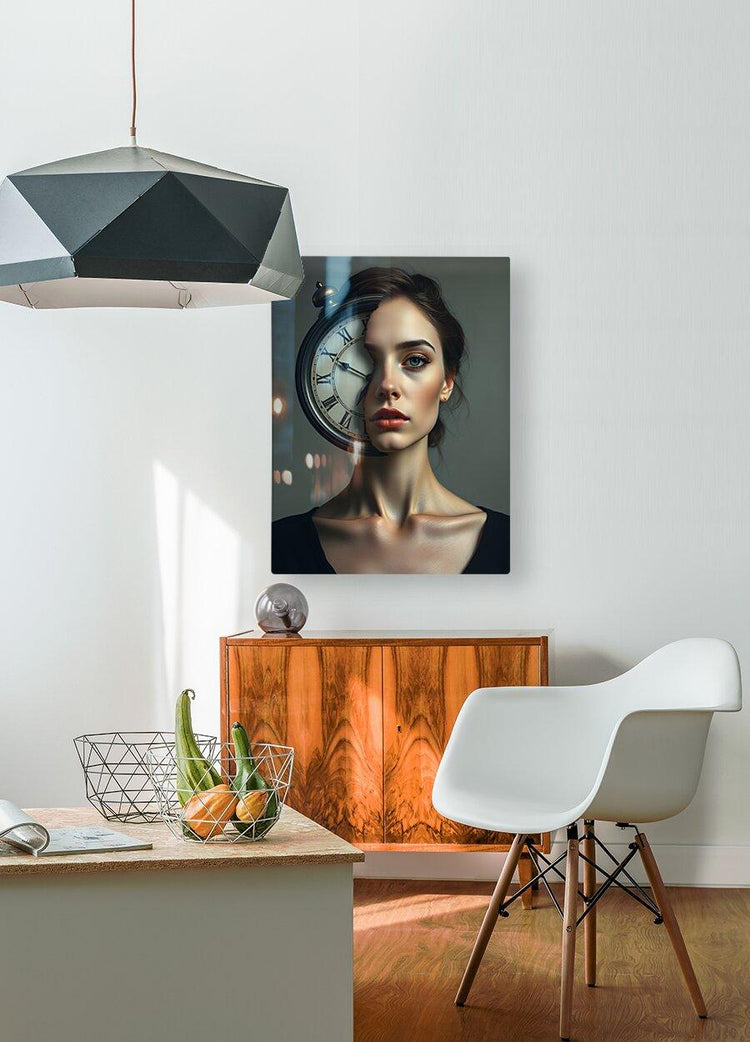 Square portrait print of a woman with a clock overlay and red lipstick