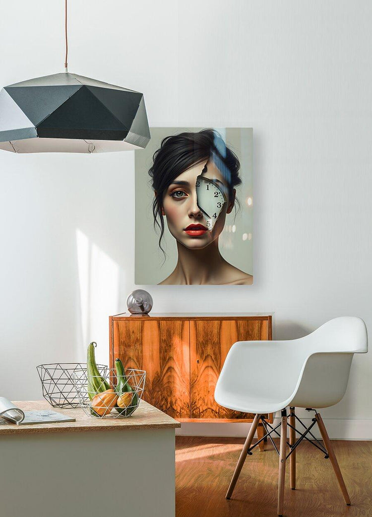 Contemporary portrait wall art above a wooden dresser with a woman’s face and clock graphic