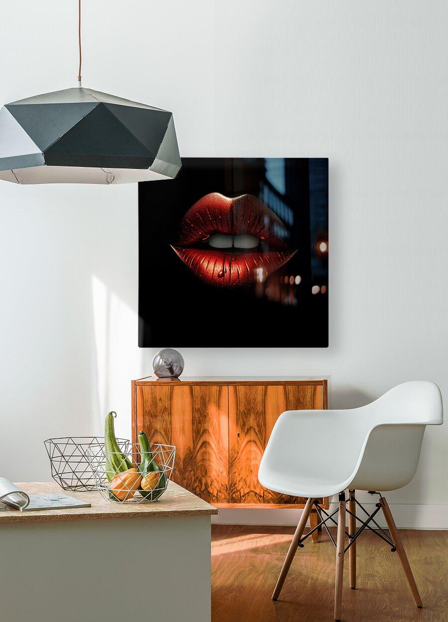 Square red metallic lips print with black border and glittery red lip detailing