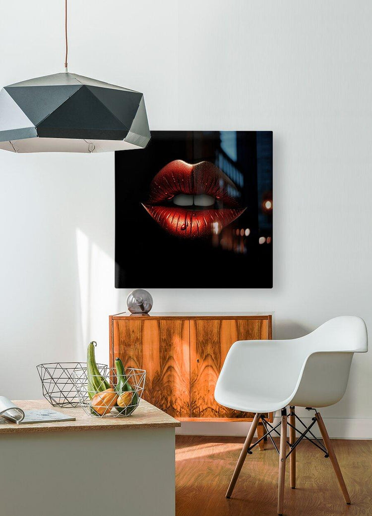 Square red metallic lips print with black border and glittery red lip detailing