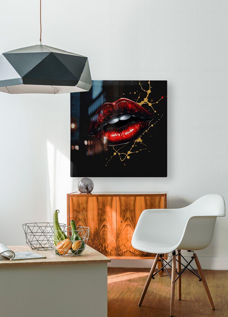 Red and gold lips artwork on a black square panel with gold bead trail details