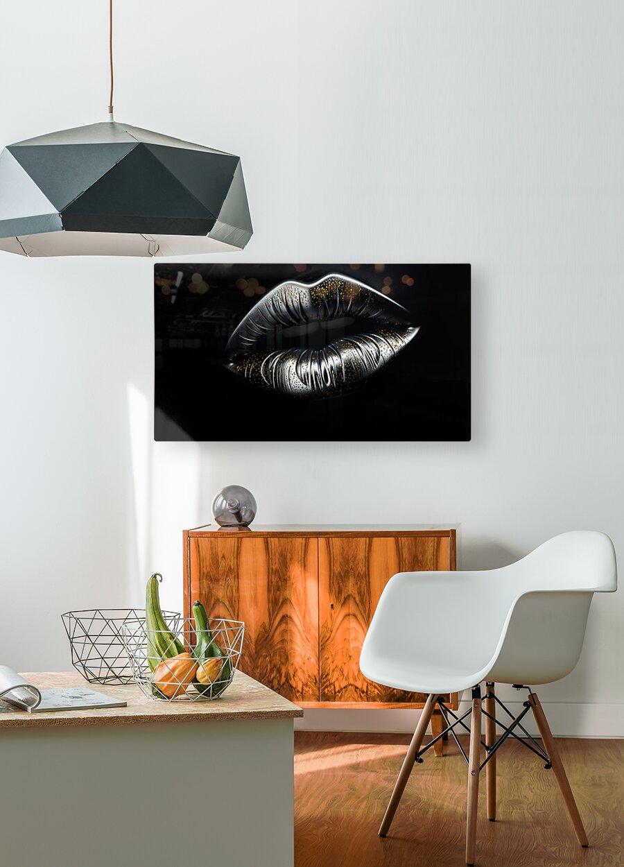 Wall-mounted lips wall art with silver-toned lips and gold dust on black background