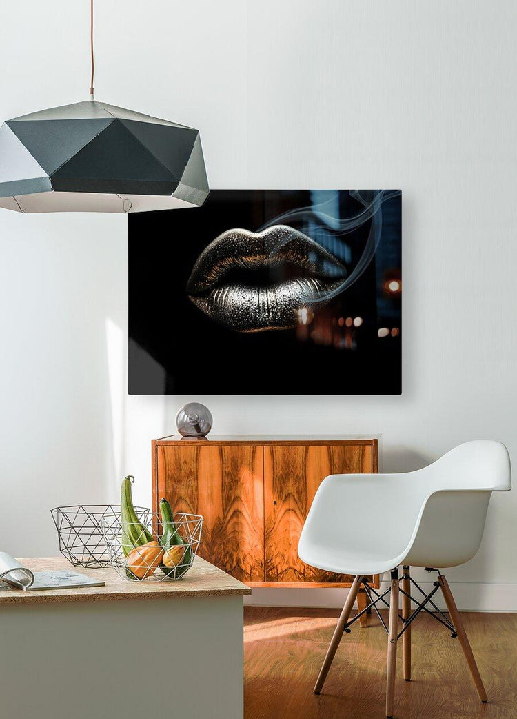 Metallic silver lips art print on dark background, horizontal wall decor