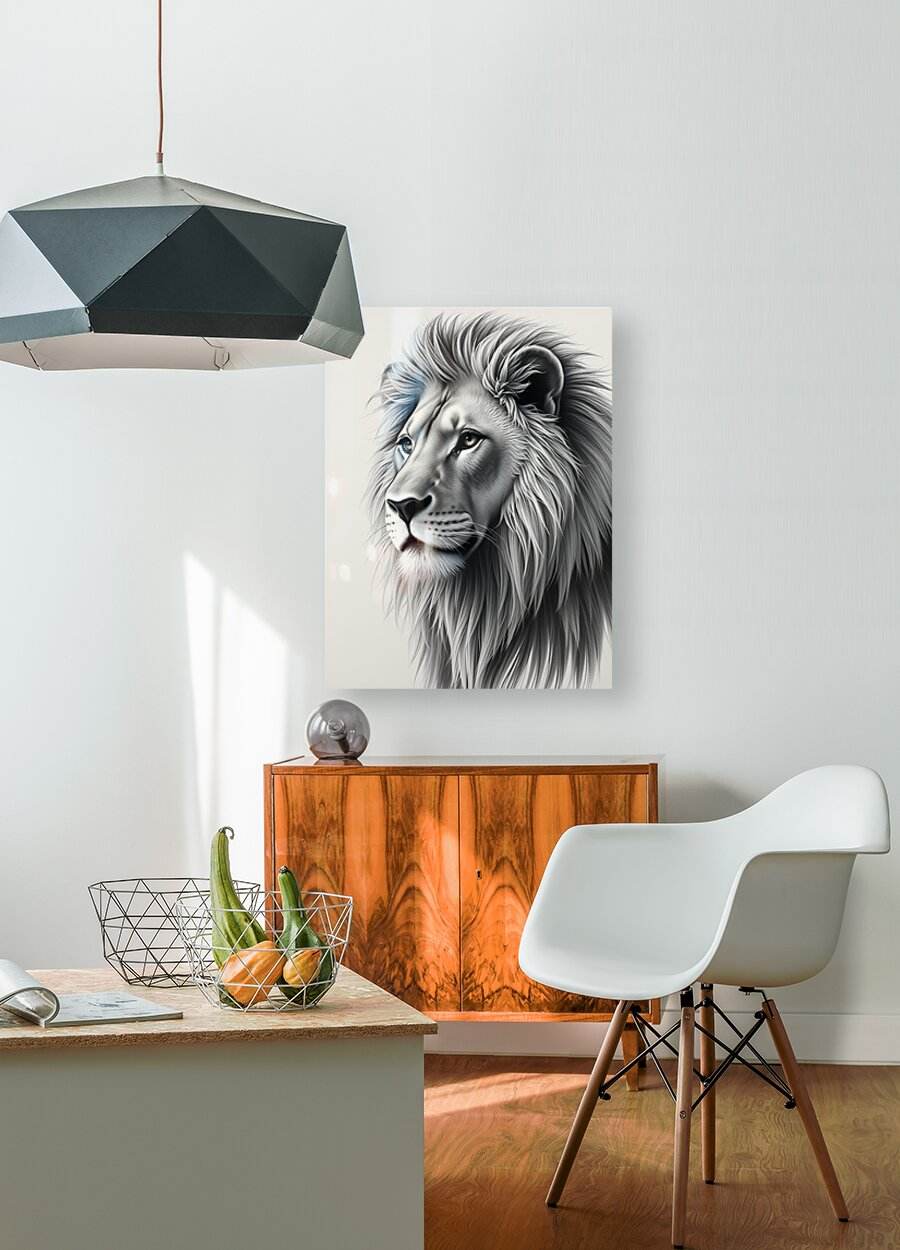 Lion portrait print, black-and-white lion head with detailed mane