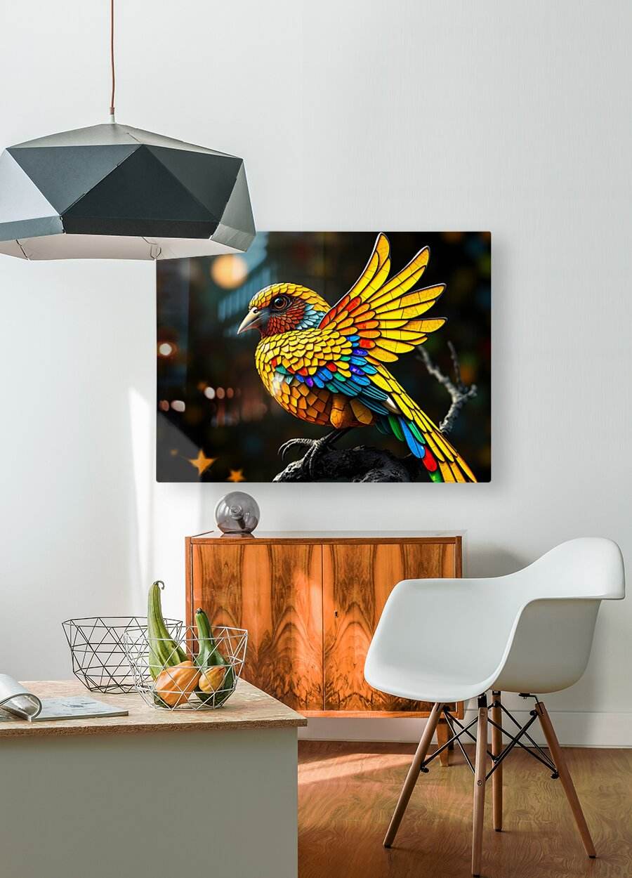 Stained-glass style bird wall art on rectangular print, colorful mosaic wings