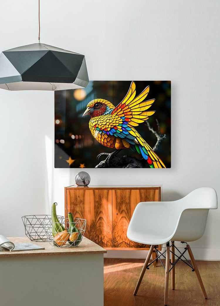 Stained-glass style bird wall art on rectangular print, colorful mosaic wings