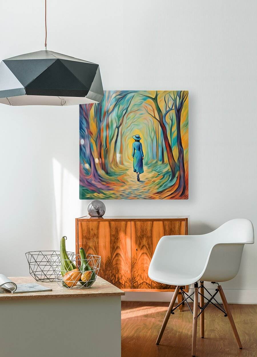 Forest landscape wall art with a woman in blue dress and hat walking through colorful tree lines