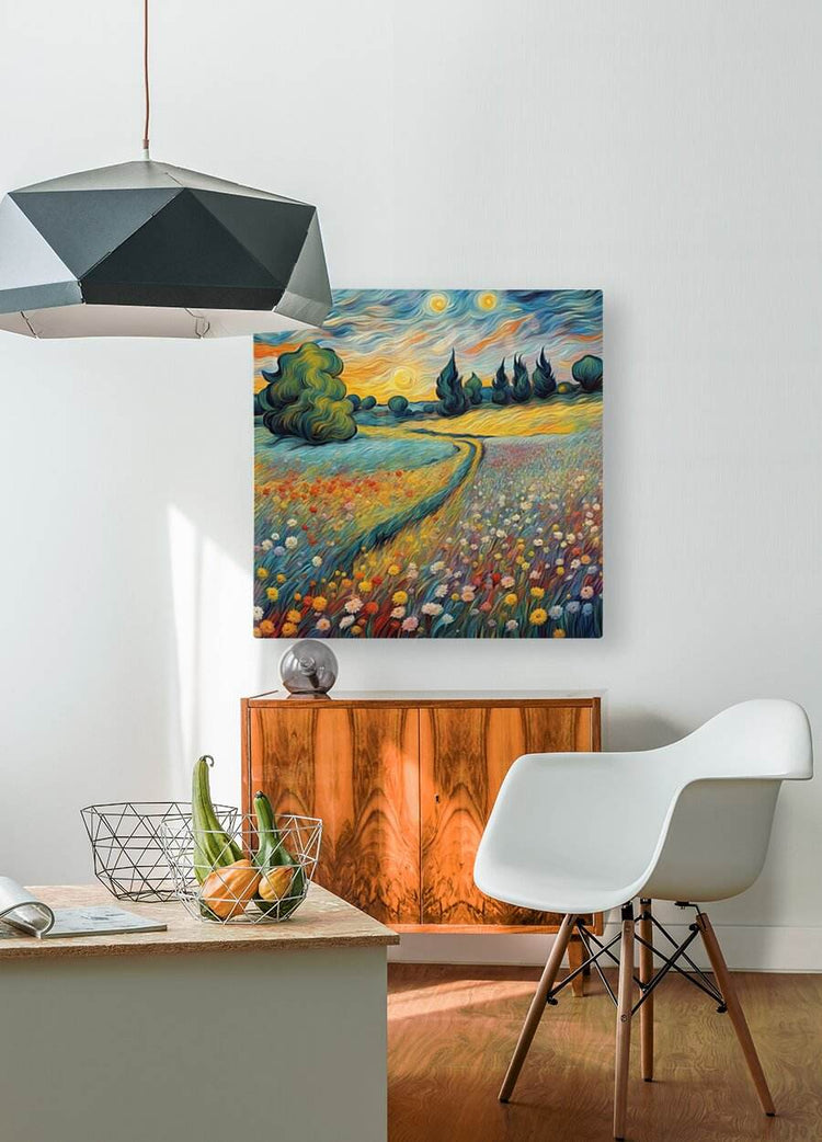 Canvas landscape wall art with a curving trail through mixed-color wildflowers at dusk