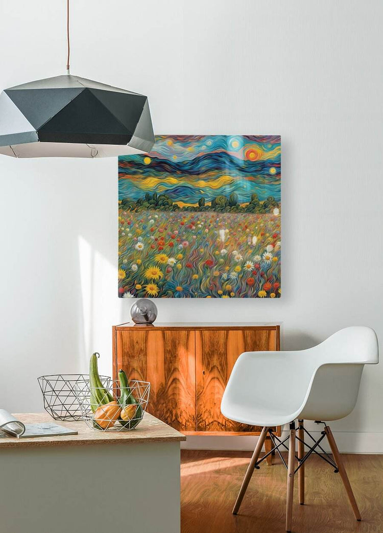 Landscape canvas wall art with wavy clouds, dark hedge, and dense colorful wildflowers