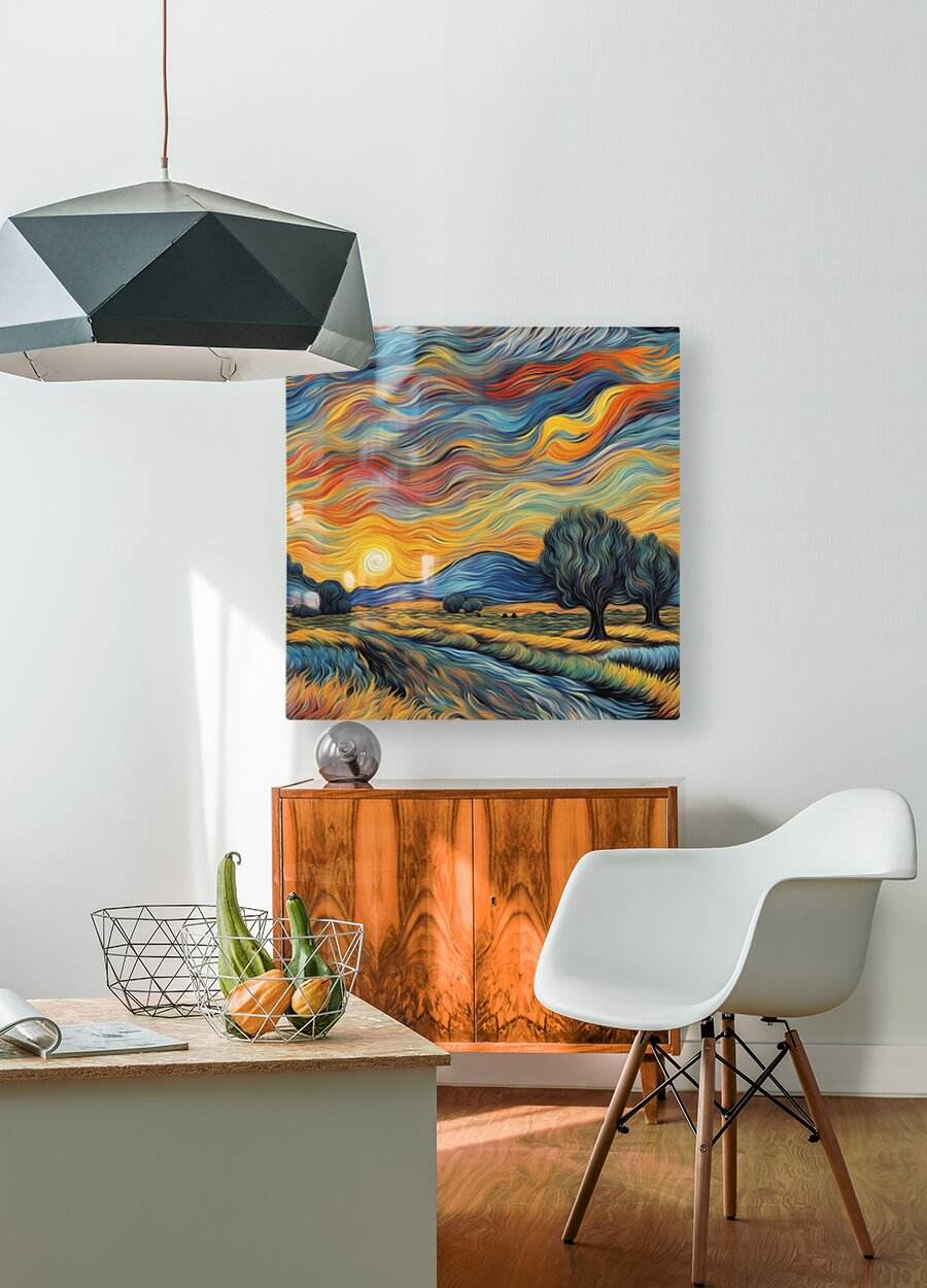 Landscape wall art print with swirling multicolor sky, sun, and trees
