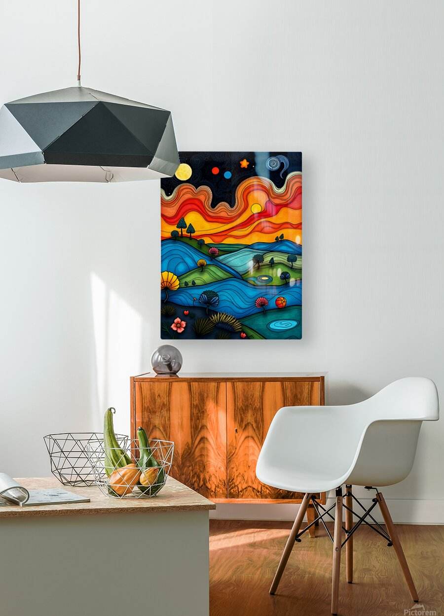 Framed abstract landscape print with colorful rolling hills, stars, and flowers